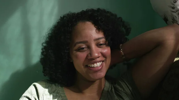 One Brazilian Young Woman Laughing Smiling Hispanic Black Girl Feeling — Foto de Stock