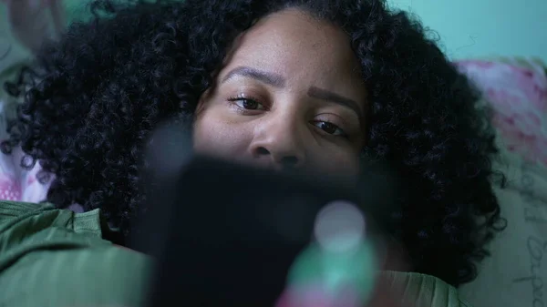 One Young Black Hispanic Woman Closeup Eyes Looking Phone Screen — Stockfoto