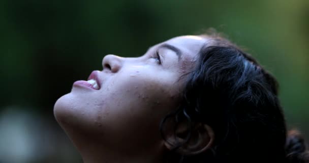 Young Woman Standing Rain Girl Opening Eyes Sky Feeling Hope — Video