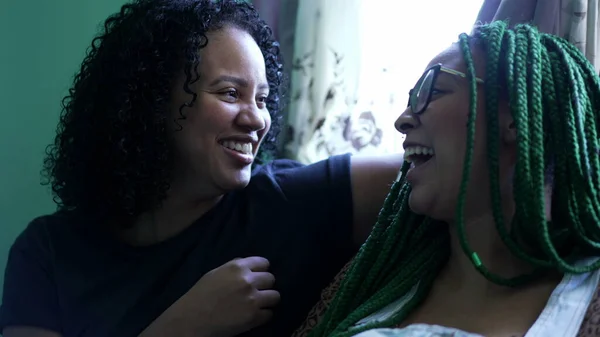 Three Black Hispanic Female Friends Laughing Smiling Girlfriends Interaction — стоковое фото