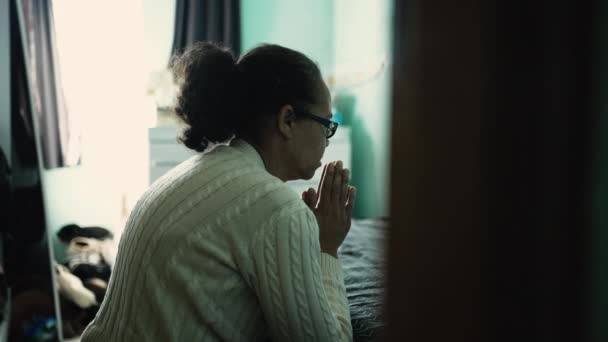 Older Woman Prayer Home Candid Person Having Hope Faith — Αρχείο Βίντεο
