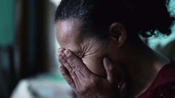 One Sad Depressed Senior Woman Covering Face Hands Feeling Regret — Stockvideo