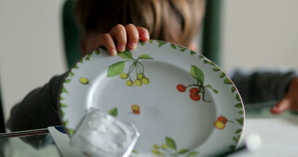 Mischievious Toddler Boy Disobedient Child Holding Plate — Foto Stock