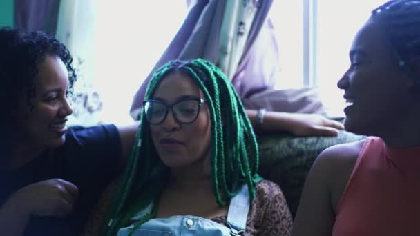 Fun Friends Talking Together Sharing Gossip Three Hispanic Women — Stok video
