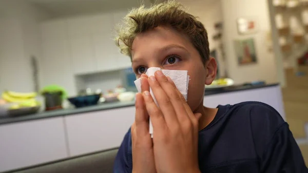 Young Boy Blowing Nose Napkin Child Nose Blowing — Stock Photo, Image