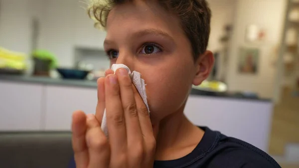 Young Boy Blowing Nose Napkin Child Nose Blowing — Stock Photo, Image