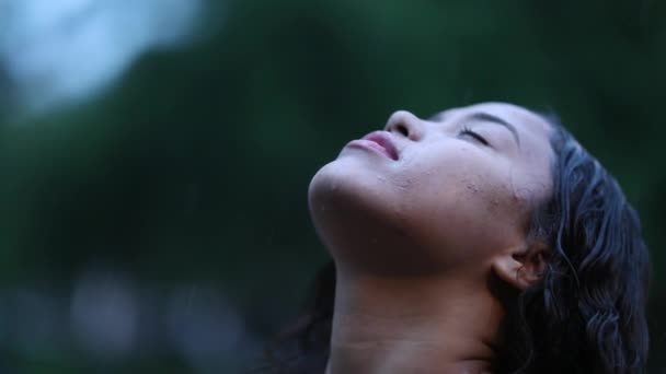 Spiritual Young Woman Praying Rain Faith Hope — стоковое видео