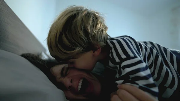 Mother Child Son Morning Bed Love Care Affection — Fotografie, imagine de stoc