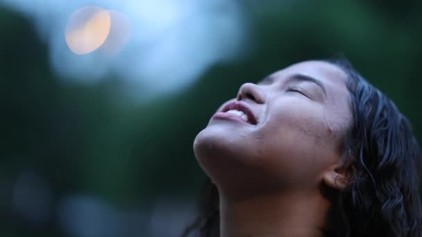 Smiling Young Woman Rain Shower Person Standing While Raining — Video Stock