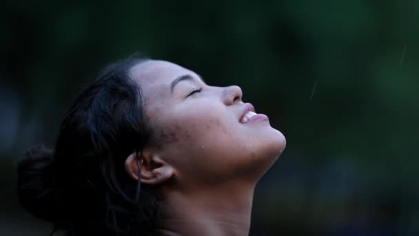 Young Woman Standing Rain Shower — Video