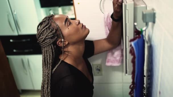 One Black Latina Woman Feeling Anxiety Leaning Bathroom Mirror Regret — Vídeo de Stock