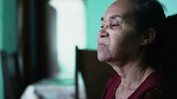 One Hispanic Senior Woman Home Contemplative South American Latin Older — стоковое фото