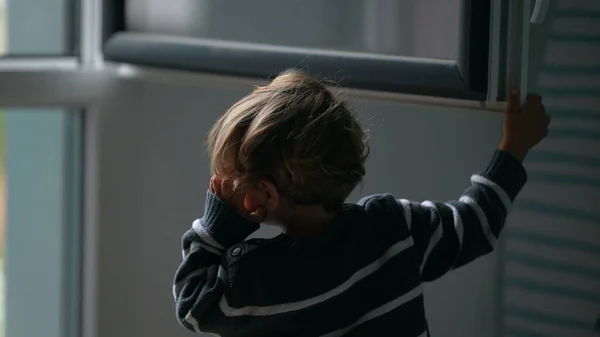 Little Boy Shutting Window Home Child Closes Window —  Fotos de Stock