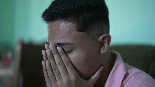 One Anxious Hispanic Young Man Covering Face Regret Emotion — Stok fotoğraf