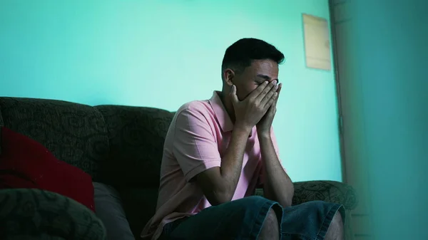 Frustrated Young Hispanic Man Covers Face Hands Feeling Anxious Preoccupied — Foto Stock