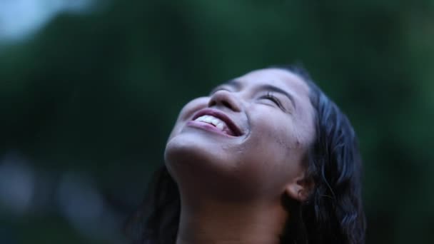 Happy Woman Looking Sky While Raining Day — стоковое видео