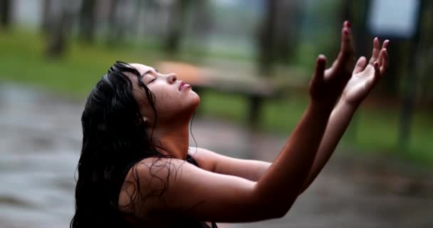 Spiritual Young Woman Rain Shower Raising Arms Girl Raising Arms — ストック動画