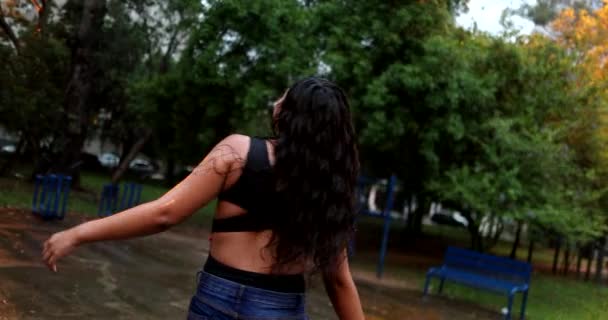 Woman Standing Pouring Rains Shower Happiness Concept — Stockvideo