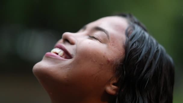 Young Woman Standing Rain Shower Girl Feeling Freedom Raining Outdoors — Vídeo de stock