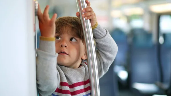 Little Boy Riding Bus Child Tram Transportation — Stockfoto