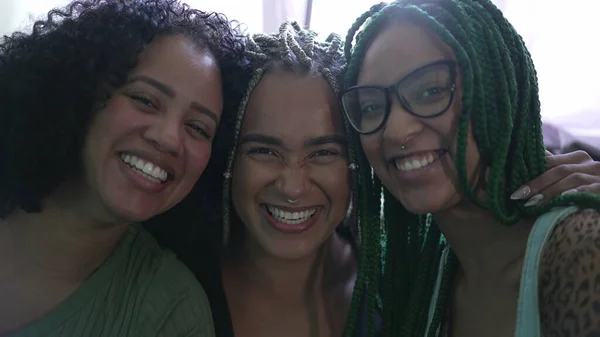 Portrait Three Happy Black Latina Women Looking Camera Smiling — 스톡 사진