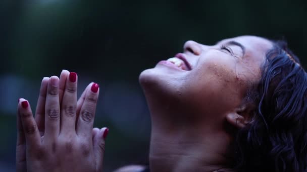 Hopeful Woman Feeling Spiritual Praying Rain — Stock Video