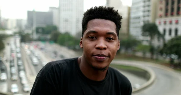 Portrait Young Black Mixed Race Man Standing Downtown City — Stock Fotó