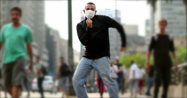 Person Dancing Street Wearing Covid Face Mask Downtown City — Stock Photo, Image