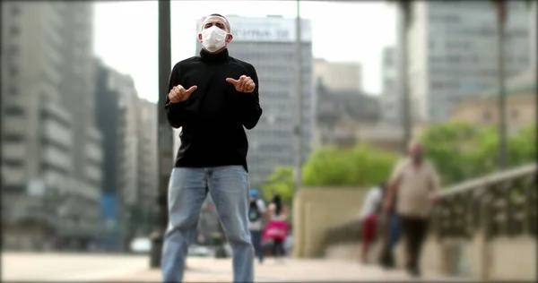 Person Dancing Street Wearing Covid Face Mask Downtown City — Photo