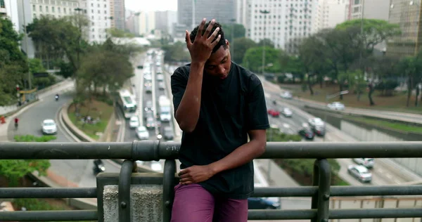 Anxious Young Black African Man Suffering City — Stock Fotó
