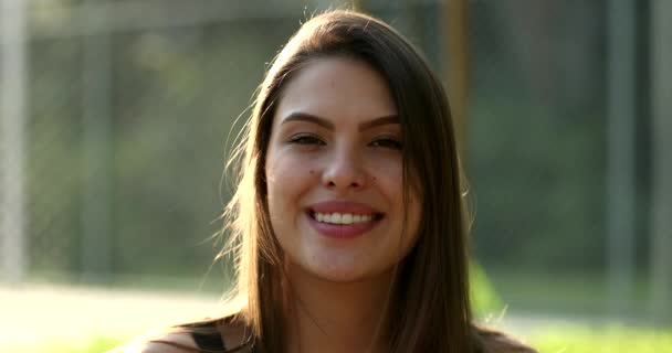 Millennial Girl Smiling Camera Park Young Woman Portrait Real Life — Stock videók
