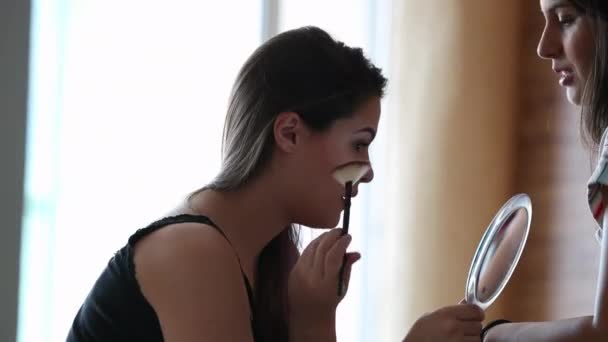 Pretty Girl Looking Herself Mirror Applying Makeup Woman Looks Hand — Stockvideo