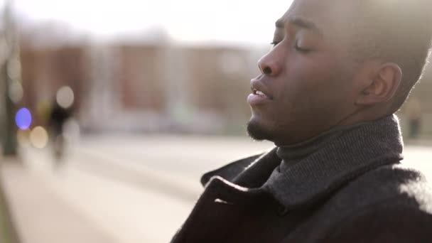 Anxious Young Black Man Suffering Emotional Pain Sitting Sidewalk Street — 图库视频影像