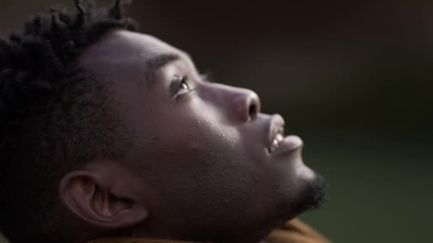 Young Black Man Opening Eyes Sky Hope Faith Feeling Spiritual — Vídeo de Stock