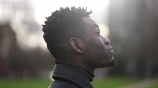 African Young Black Man Standing Park Looking Contemplation — Stock video