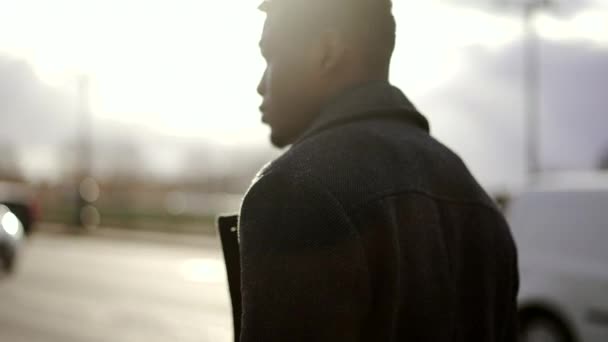 Back African Black Man City Sunlight Flare — 图库视频影像