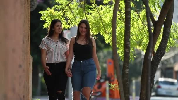 Two Lesbian Girlfriends Walking City Sidewalk Holding Hands — Video