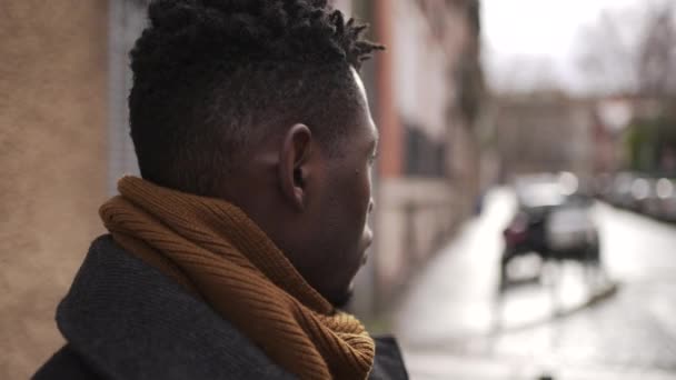 Concerned Black Man Standing City Close Face Portrait Thoughtful Expression — Video
