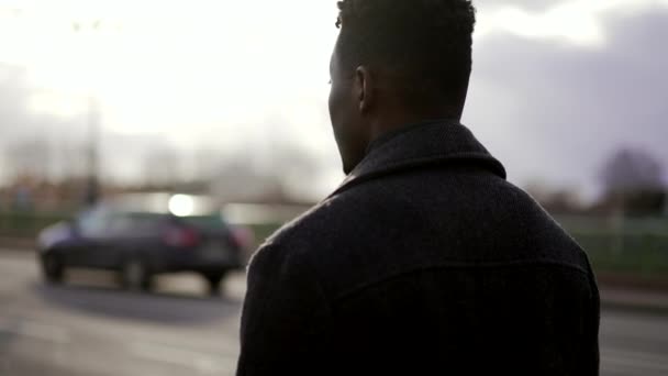 Pensive Black African Man Walking City Outdoors Elegant Person — Video