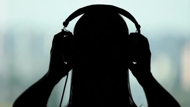 Person Putting Headphones Listening Music Woman Listens Podcast Audiobook — Αρχείο Βίντεο