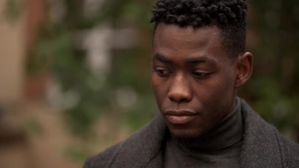 Contemplative Young Black Man Meditative Expression Close Face — ストック動画