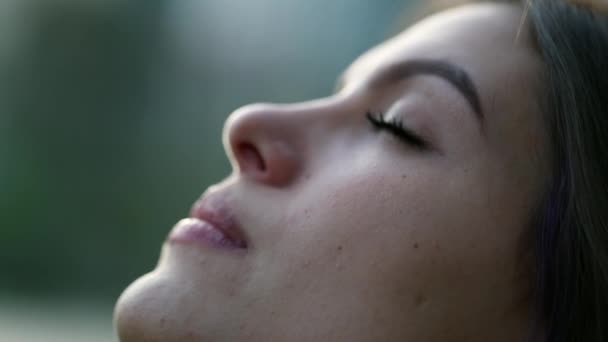 Young Woman Eyes Closed Meditation Girl Face Opening Eyes Looking — Video