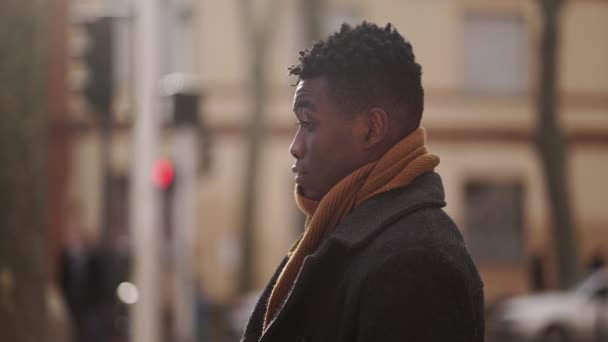 Tearful Sad Black Man Standing City Feeling Alone — Video Stock