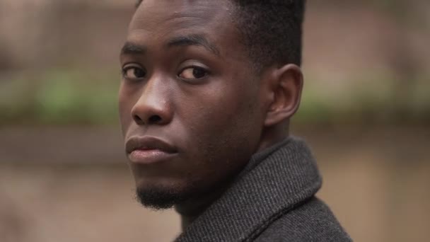 Handsome Serious Black African Man Turning Head Camera Tracking Shot — Video