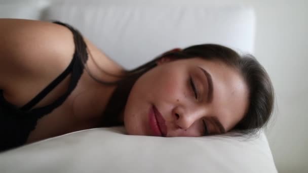 Woman Opening Eyes Getting Couch Restful Nap — Stockvideo