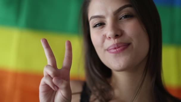 Young Woman Giving Peace Sign Hand Lesbian Girl Victory Sign — Video