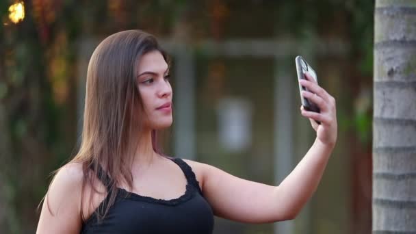 Millennial Woman Taking Selfie Herself Smartphone — Vídeos de Stock