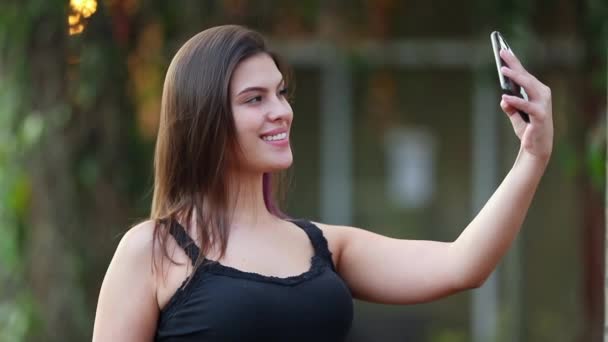 Millennial Woman Taking Selfie Herself Smartphone — Stockvideo