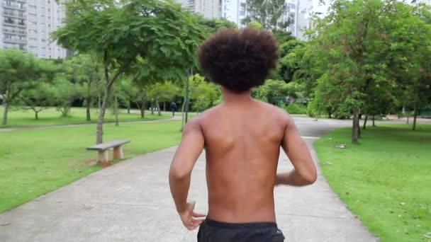 Back African American Man Running Park Slow Motion — Stock video