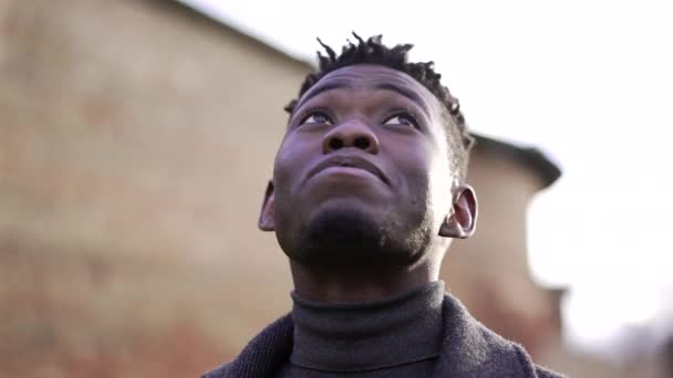 Contemplative Young African Black Man Standing Looking Sky Hope Faith — Vídeos de Stock